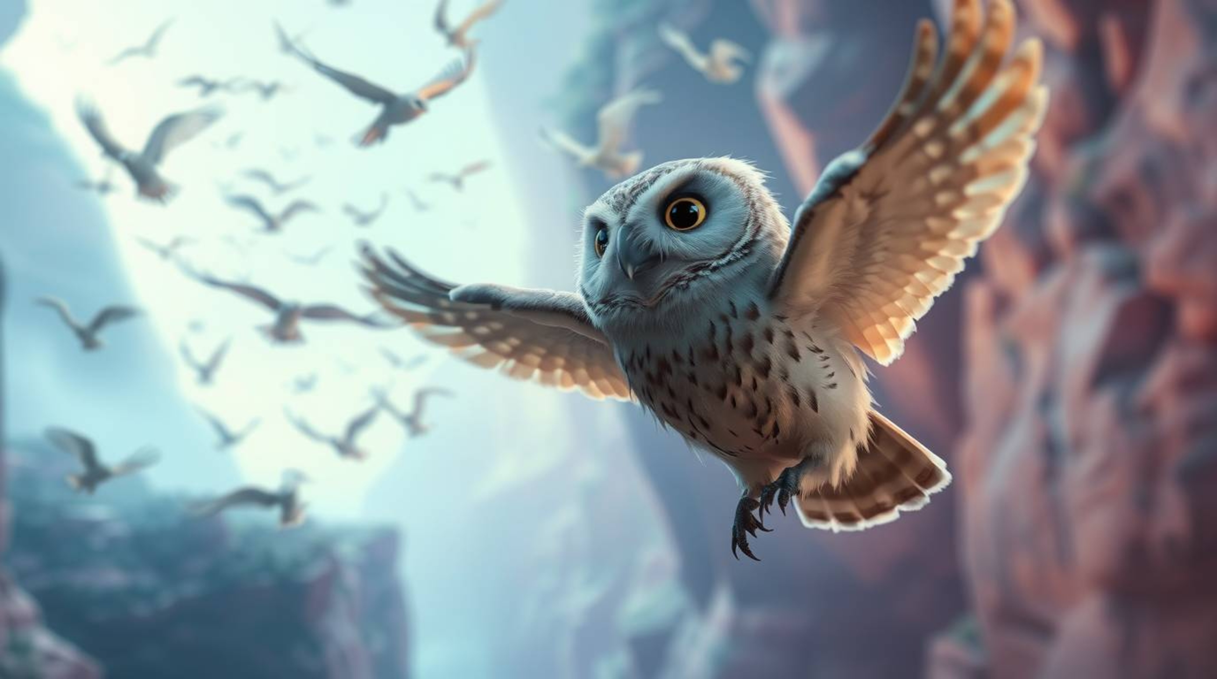 In a mystical ethereal vibe, this long-exposure photograph, rendered in the style of Pixar, depicts a blind owl with soft, fe