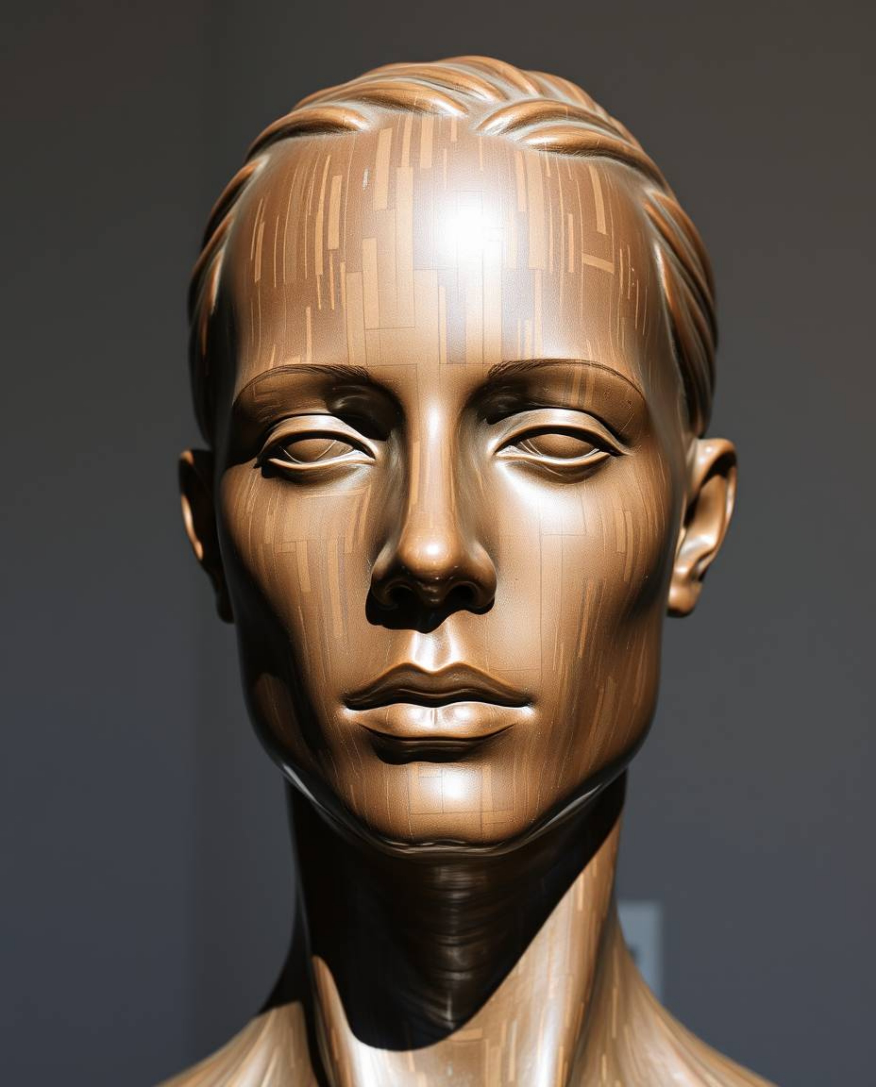 A captivating bronze sculpture depicts the surreal transformation of a human face into a flowing data stream, a mesmerizing d