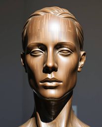 A captivating bronze sculpture depicts the surreal transformation of a human face into a flowing data stream, a mesmerizing d