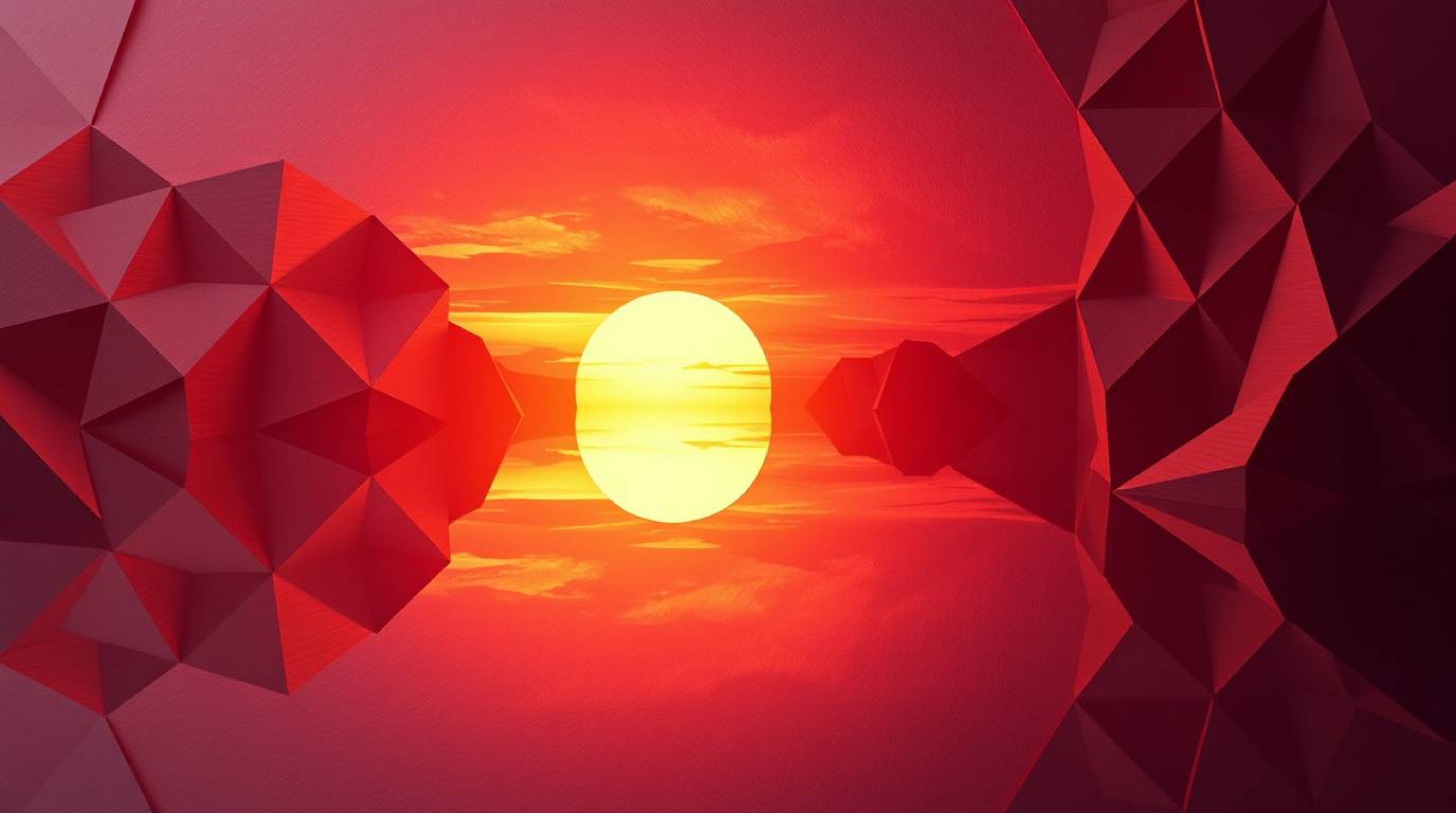 Experience the serene beauty of an intricate origami artwork depicting a vibrant sunset reflected in a tranquil pond.  The pi