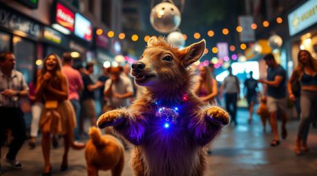 Capture the spontaneous energy of an animal dance party in a vibrant urban setting. This candid street photograph features da