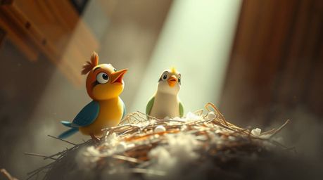 An extreme macro close-up showcases two cartoon birds meticulously constructing a nest, rendered in a classic animation style