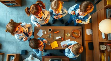 A captivating overhead shot reveals a group of uniquely quirky children in school uniforms engrossed in a series of fun and e