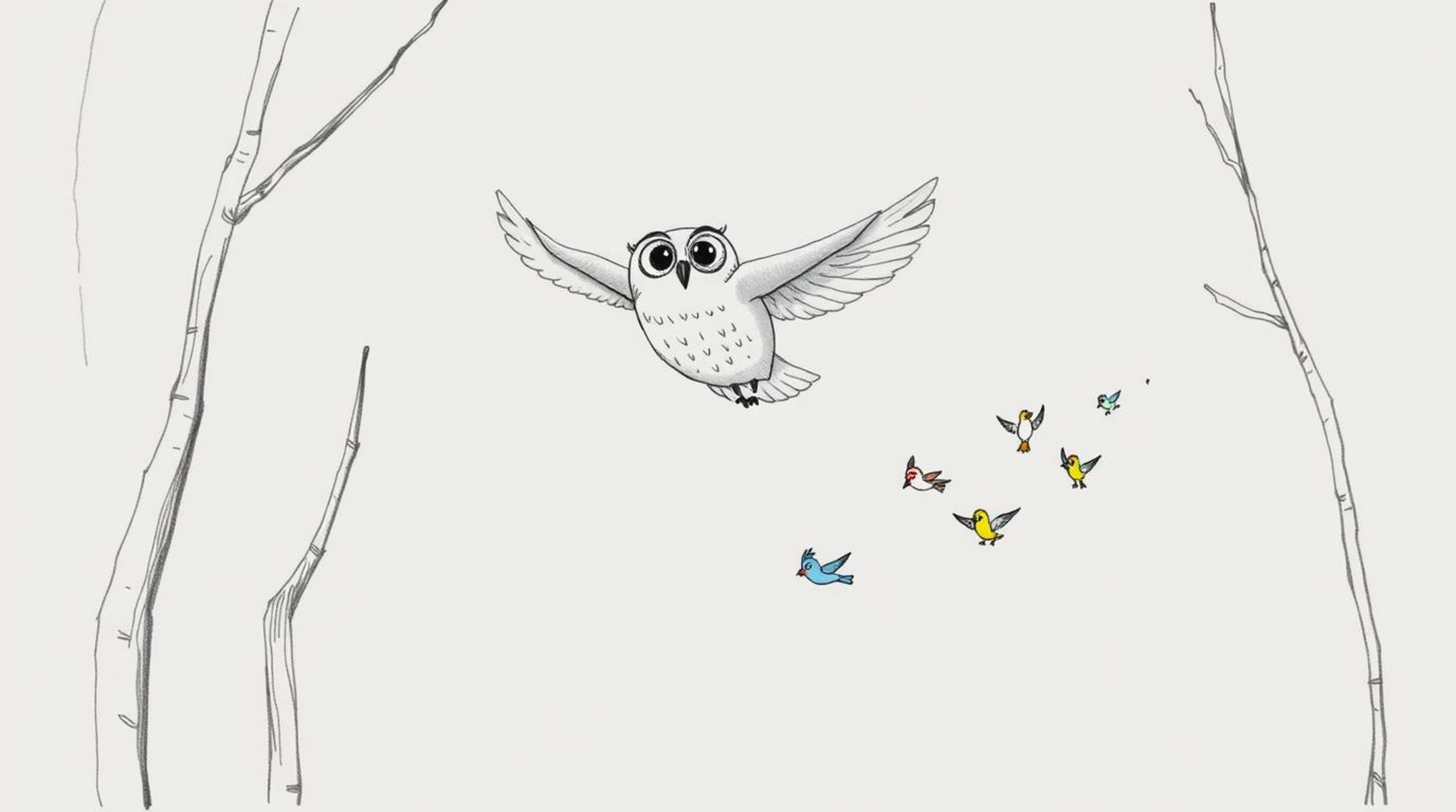 A charming hand-drawn sketch in the style of Pixar depicts a wise, blind owl gliding gracefully between trees, guiding a floc