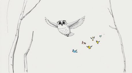 A charming hand-drawn sketch in the style of Pixar depicts a wise, blind owl gliding gracefully between trees, guiding a floc