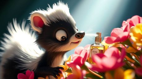This is an extreme macro close-up photograph of a cartoon skunk spraying perfume on flowers. Direct, harsh lighting creates s