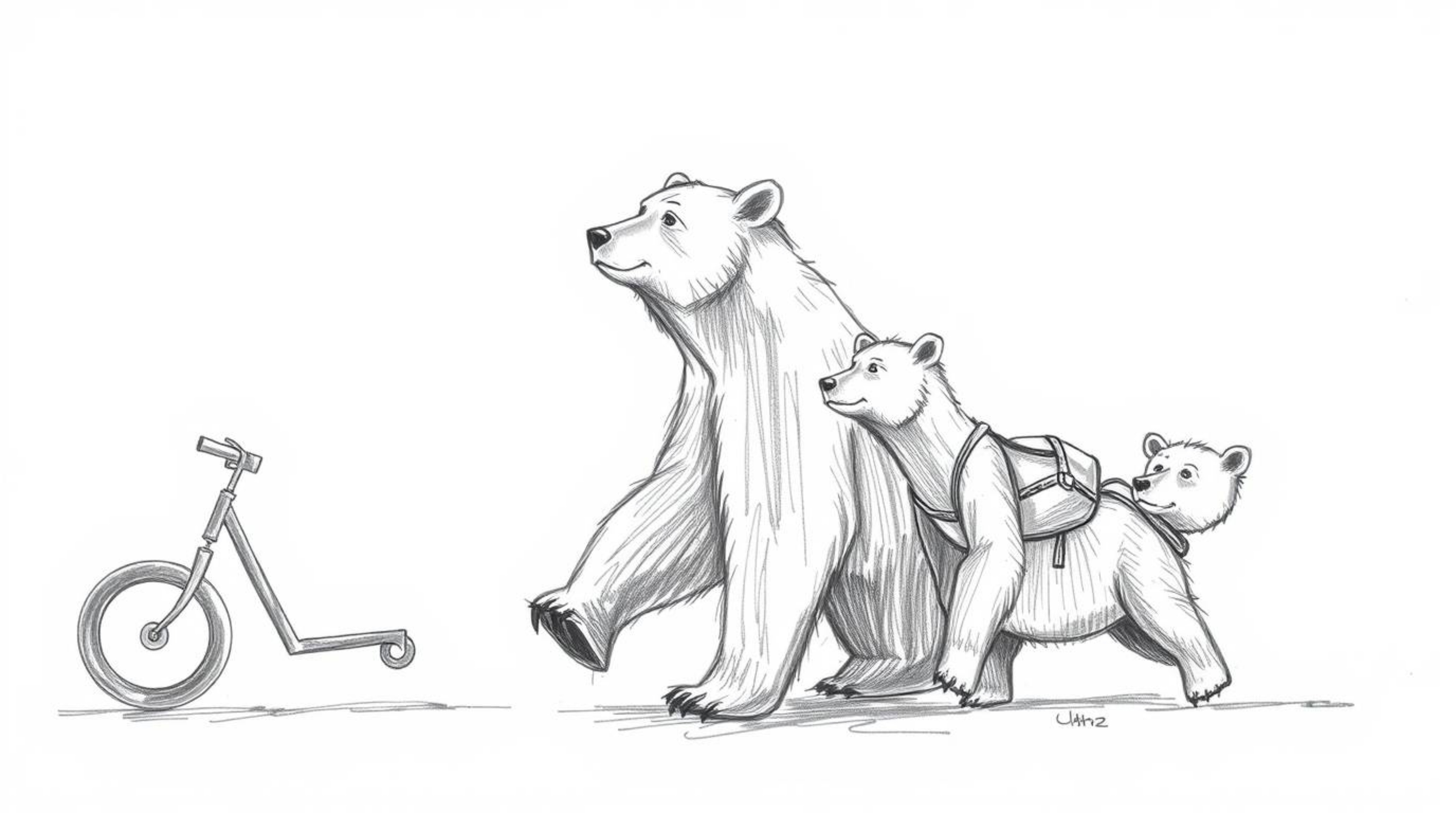 A captivating hand-drawn sketch brings to life a graceful and elegant bear family embarking on a refined urban adventure. The