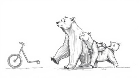 A captivating hand-drawn sketch brings to life a graceful and elegant bear family embarking on a refined urban adventure. The