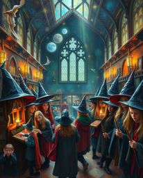Explore a magical school teeming with young wizards, captured in the timeless style of a classic oil painting. The artwork fe