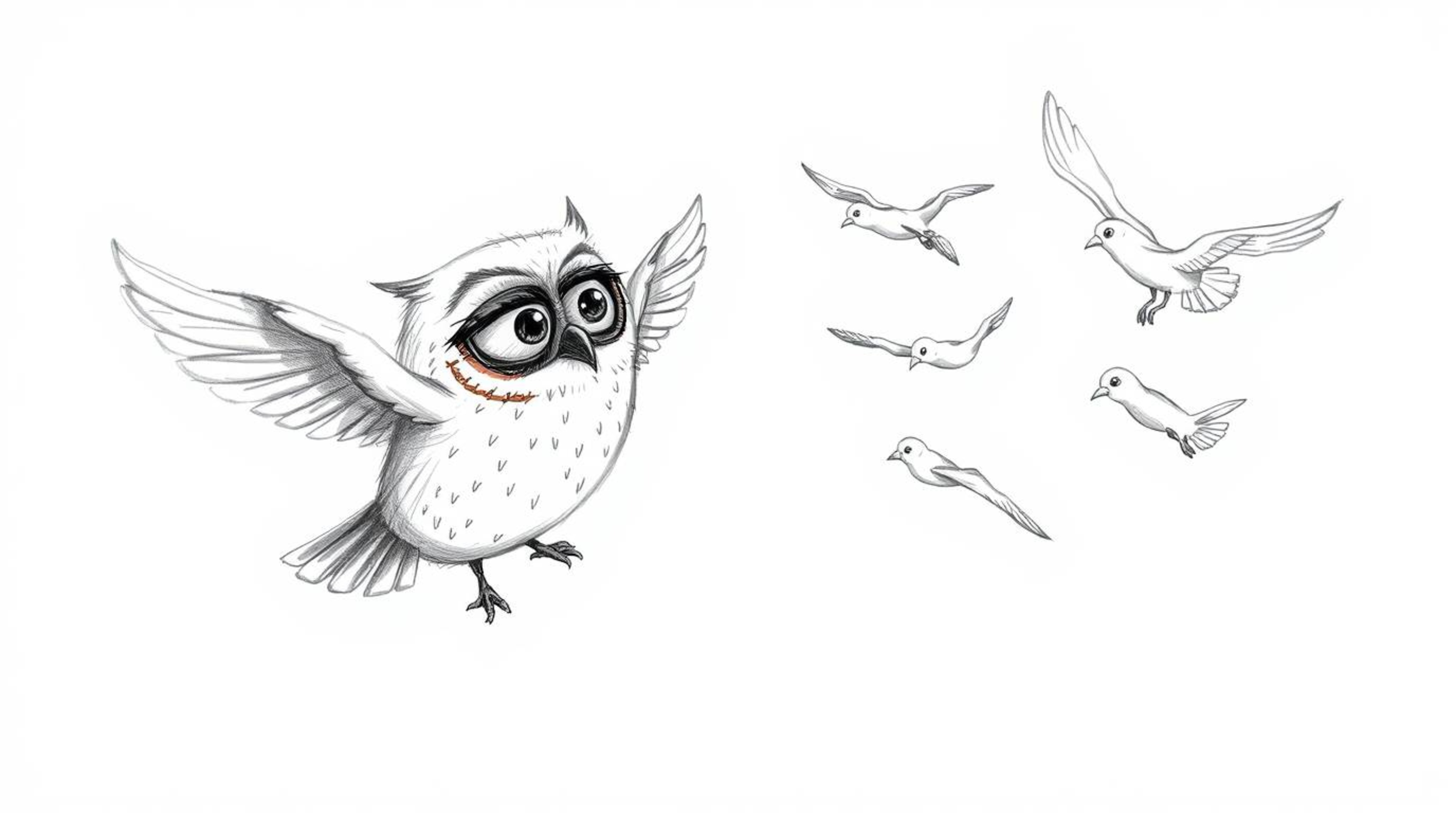 A heartwarming, hand-drawn sketch reminiscent of Pixar, showcases a blind owl with soft, expressive features selflessly teach