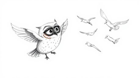 A heartwarming, hand-drawn sketch reminiscent of Pixar, showcases a blind owl with soft, expressive features selflessly teach