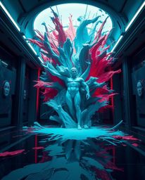 Immerse yourself in an epic scene depicting a room exploding with vibrant paint in a modern, futuristic setting. The rich, de