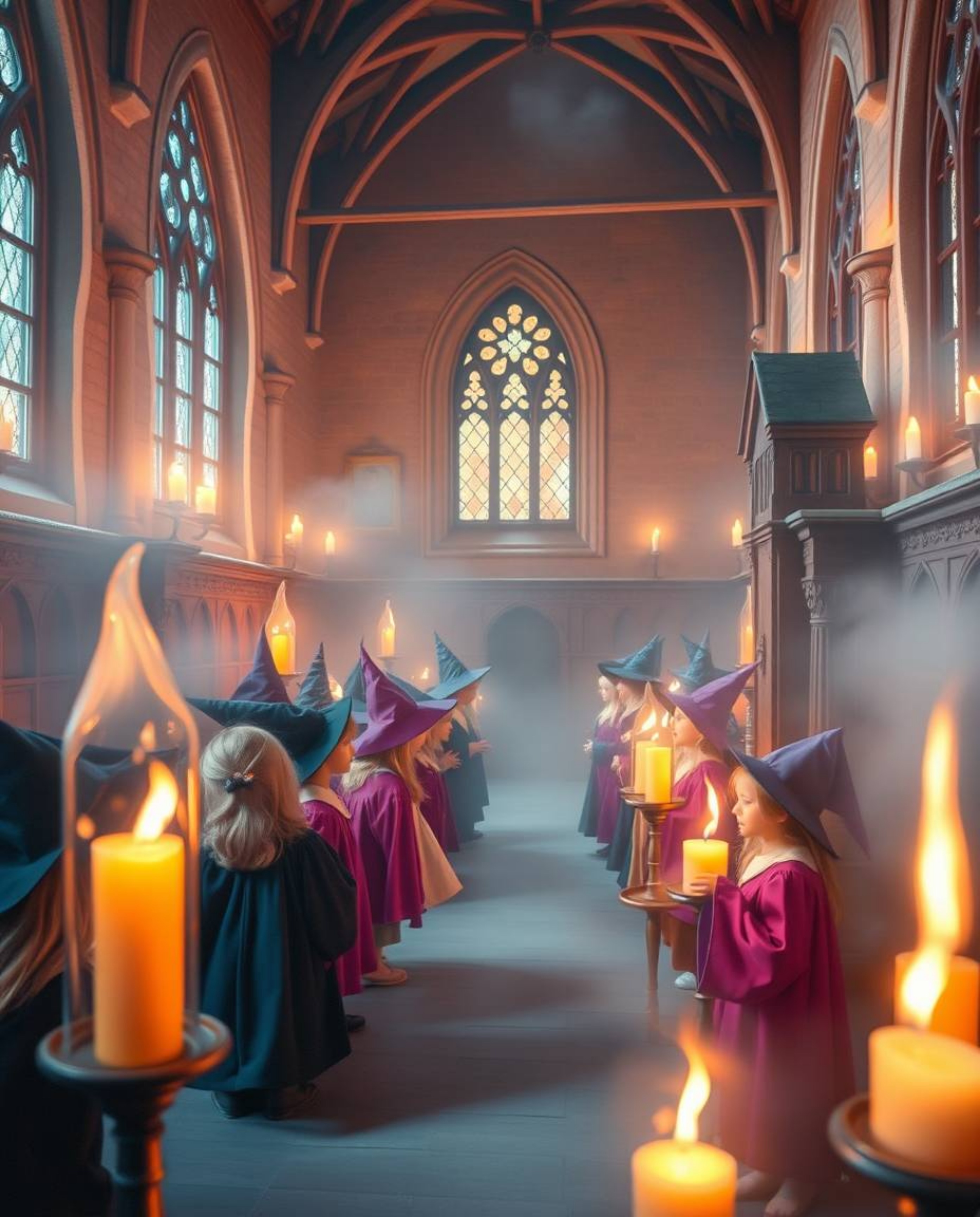 Immerse yourself in a magical school illuminated by soft pastel colors, where young wizards learn and grow. Warm candlelight