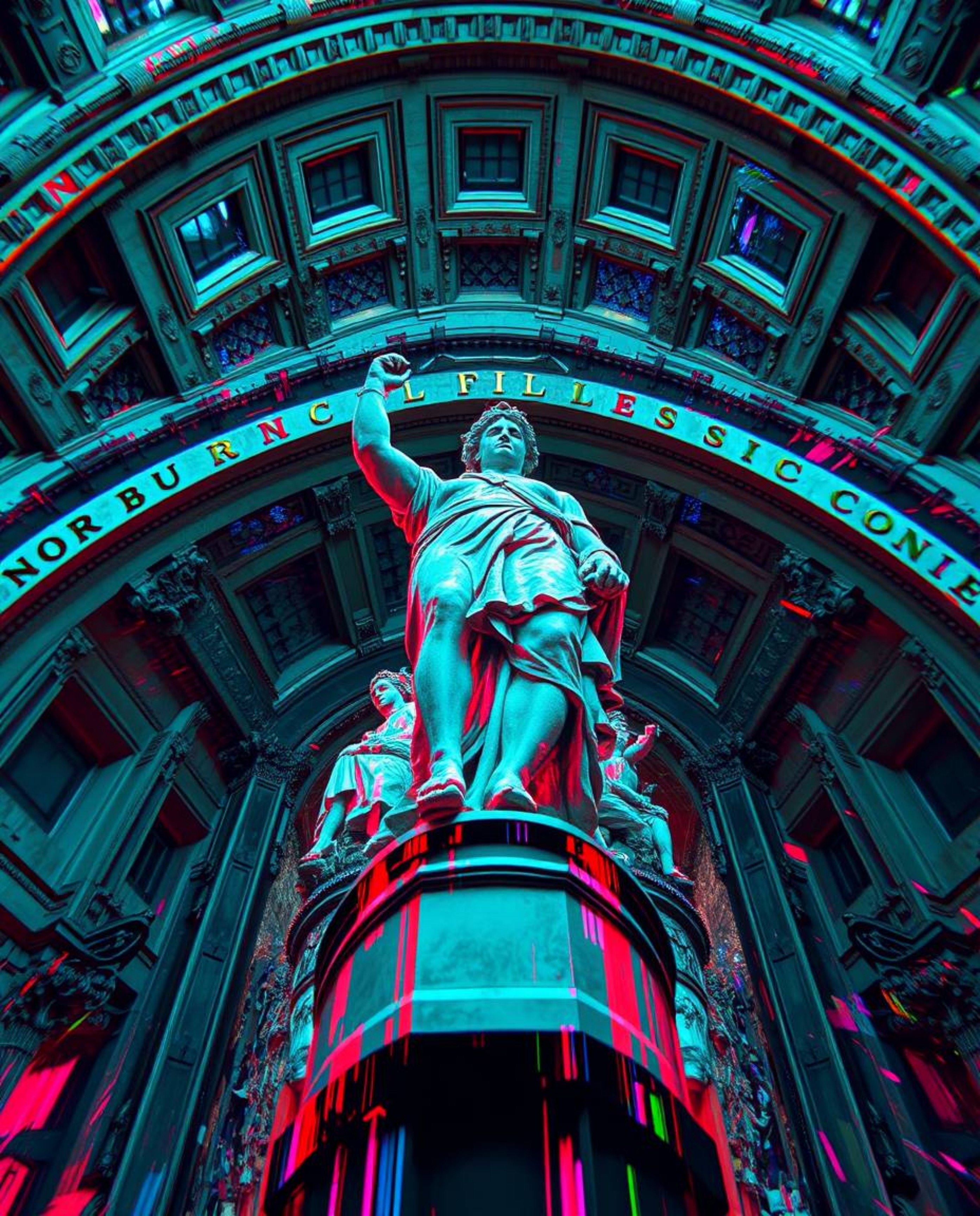 Explore a dreamlike, surreal world where classical sculpture meets vibrant glitch art. This high-angle perspective showcases 