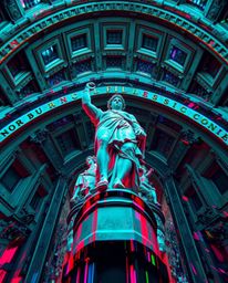 Explore a dreamlike, surreal world where classical sculpture meets vibrant glitch art. This high-angle perspective showcases 