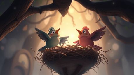 Experience a captivating scene of two cartoon birds meticulously constructing their nest from a unique low-angle perspective.