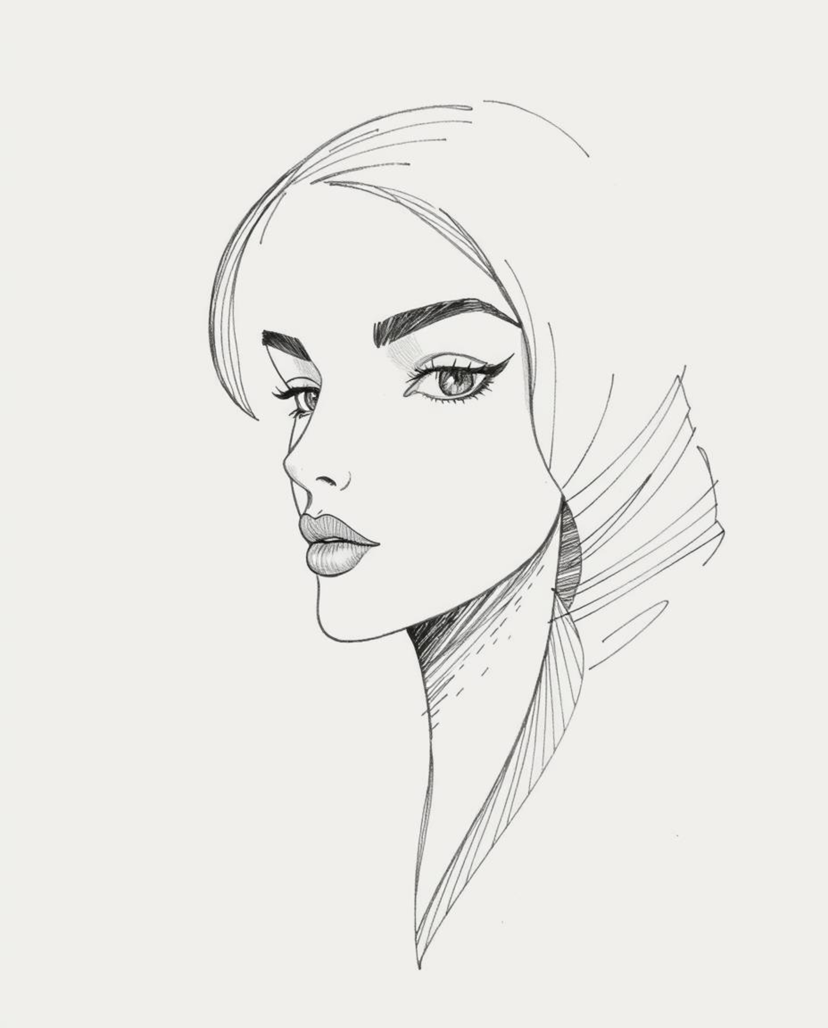 This is a graceful and elegant hand-drawn sketch featuring refined features and textured pencil strokes against a clean white