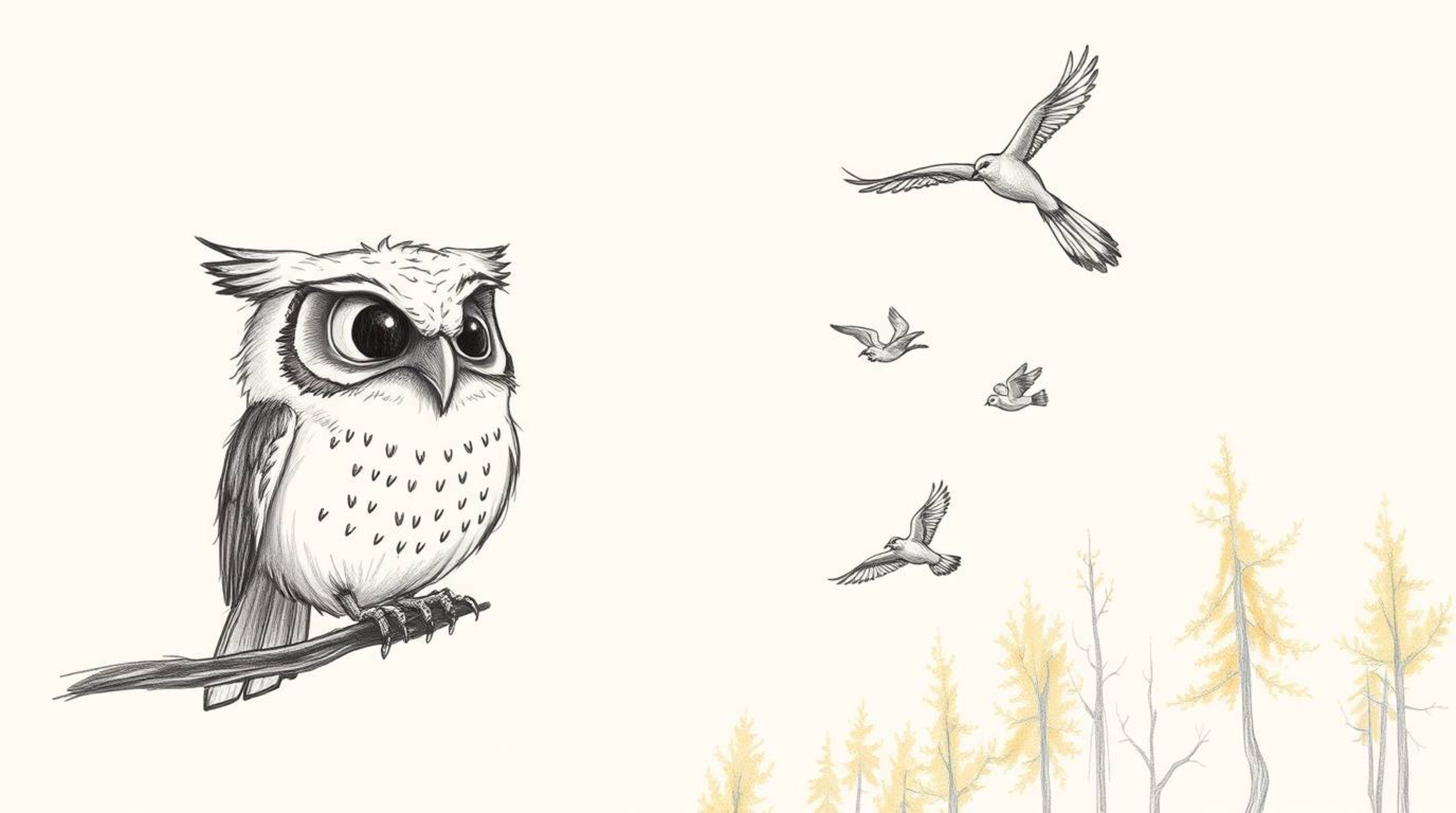 A charming Pixar-style hand-drawn sketch depicts a wise, blind owl with soft feathers and wrinkled features guiding small bir