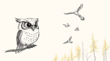 A charming Pixar-style hand-drawn sketch depicts a wise, blind owl with soft feathers and wrinkled features guiding small bir