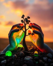 Experience the mesmerizing beauty of sculptural clay artwork featuring bioluminescent colors that illuminate as hands plant a