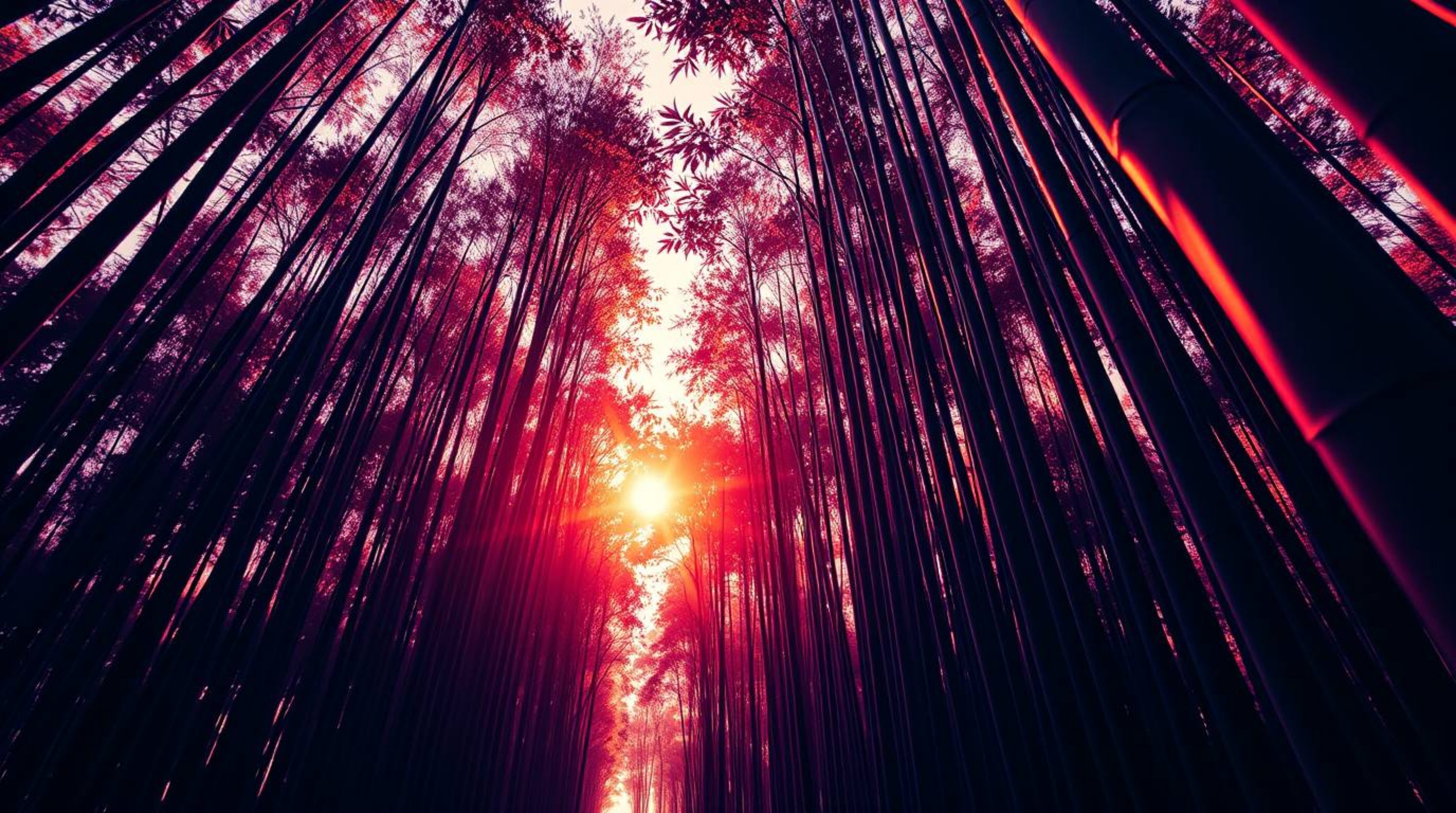 Immerse yourself in a breathtaking high-angle view of a bamboo forest, illuminated by the radiant hues of a warm sunset. This