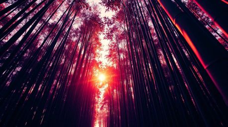 Immerse yourself in a breathtaking high-angle view of a bamboo forest, illuminated by the radiant hues of a warm sunset. This