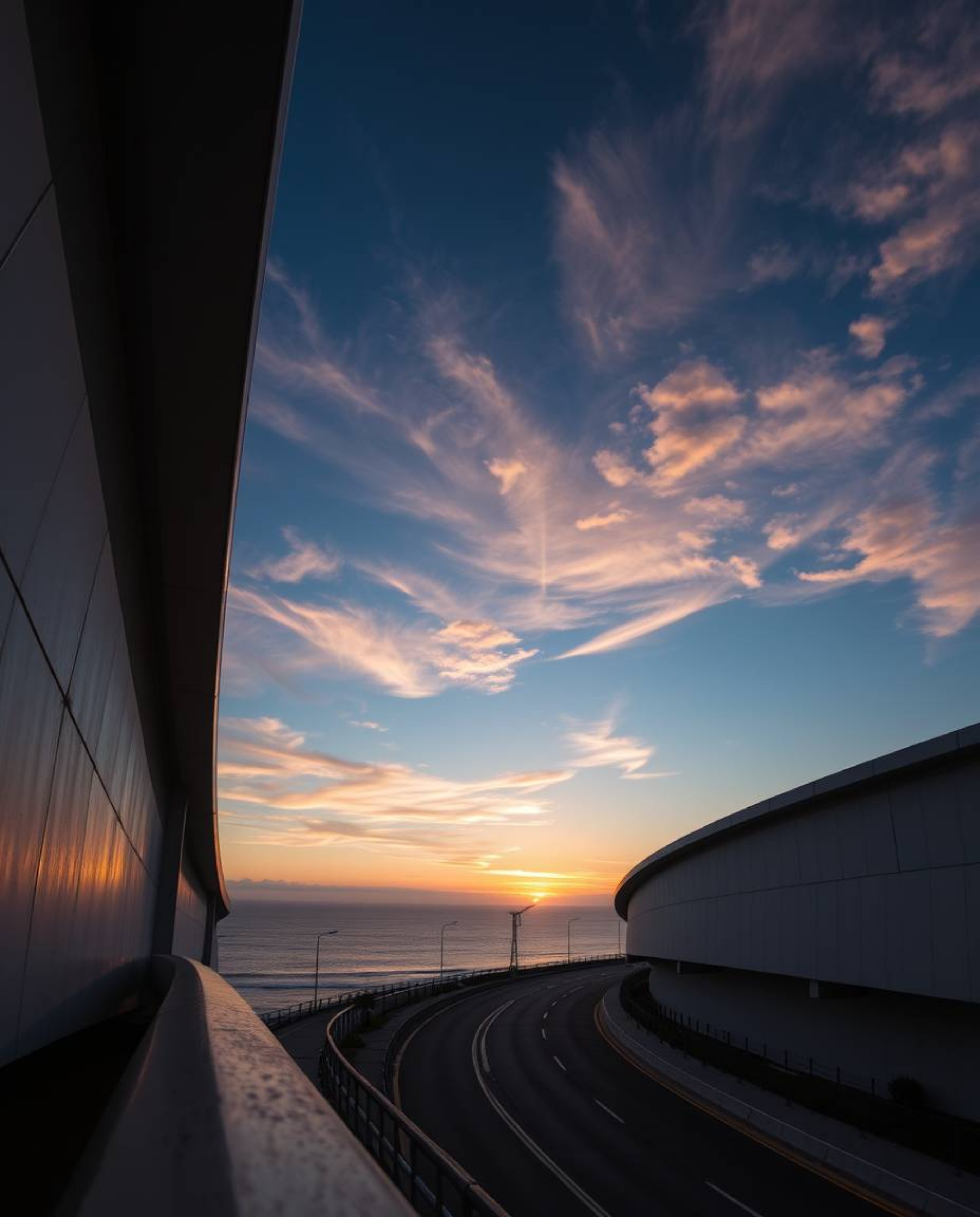 This is a precise architectural color photograph of a sunset sky over a winding coastal highway, captured from a wide-angle p