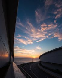 This is a precise architectural color photograph of a sunset sky over a winding coastal highway, captured from a wide-angle p