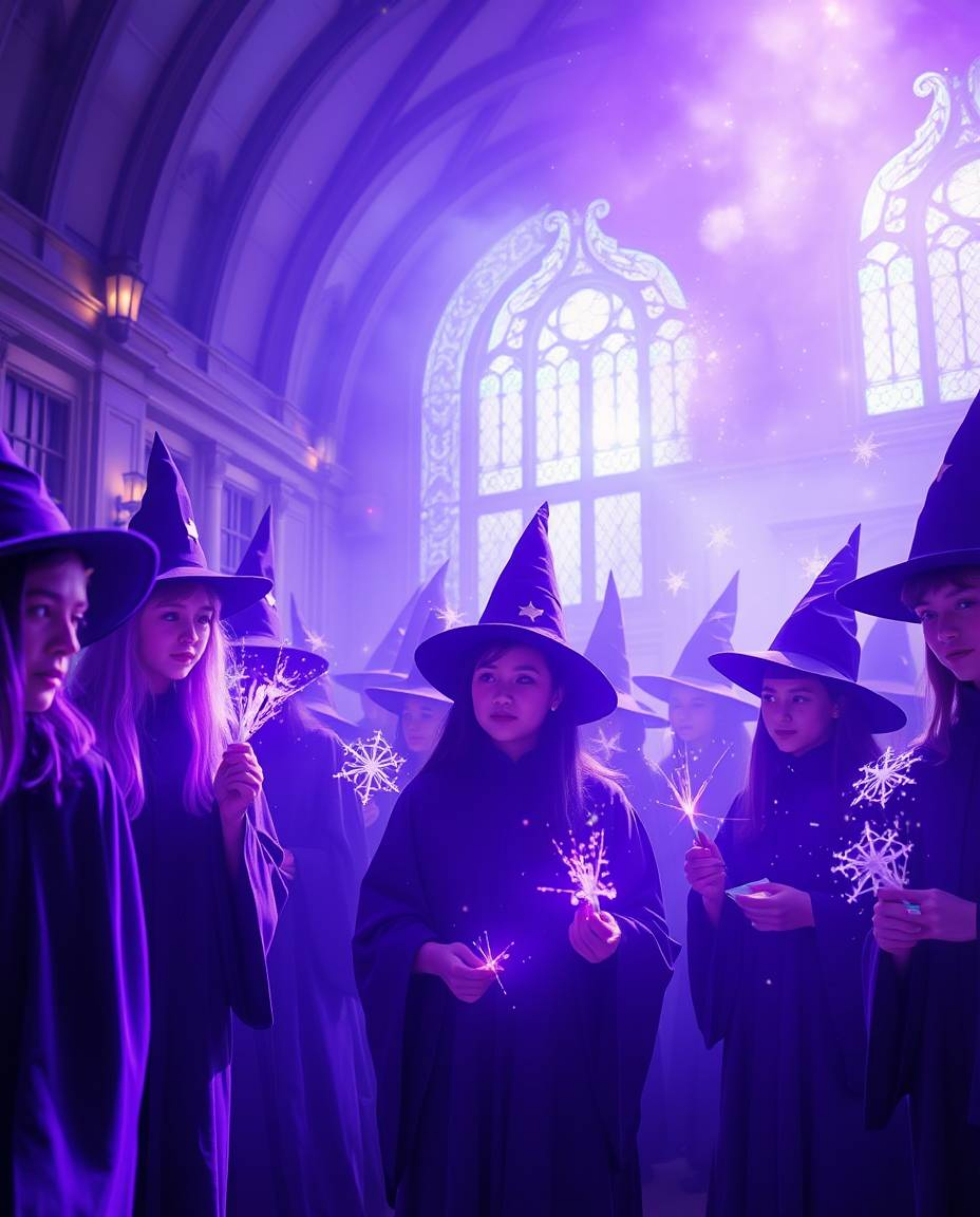 Discover a captivating magical school brimming with young wizards, bathed in deep ultraviolet hues and a vibrant purple aesth