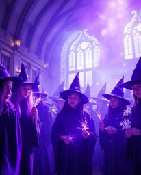 Discover a captivating magical school brimming with young wizards, bathed in deep ultraviolet hues and a vibrant purple aesth