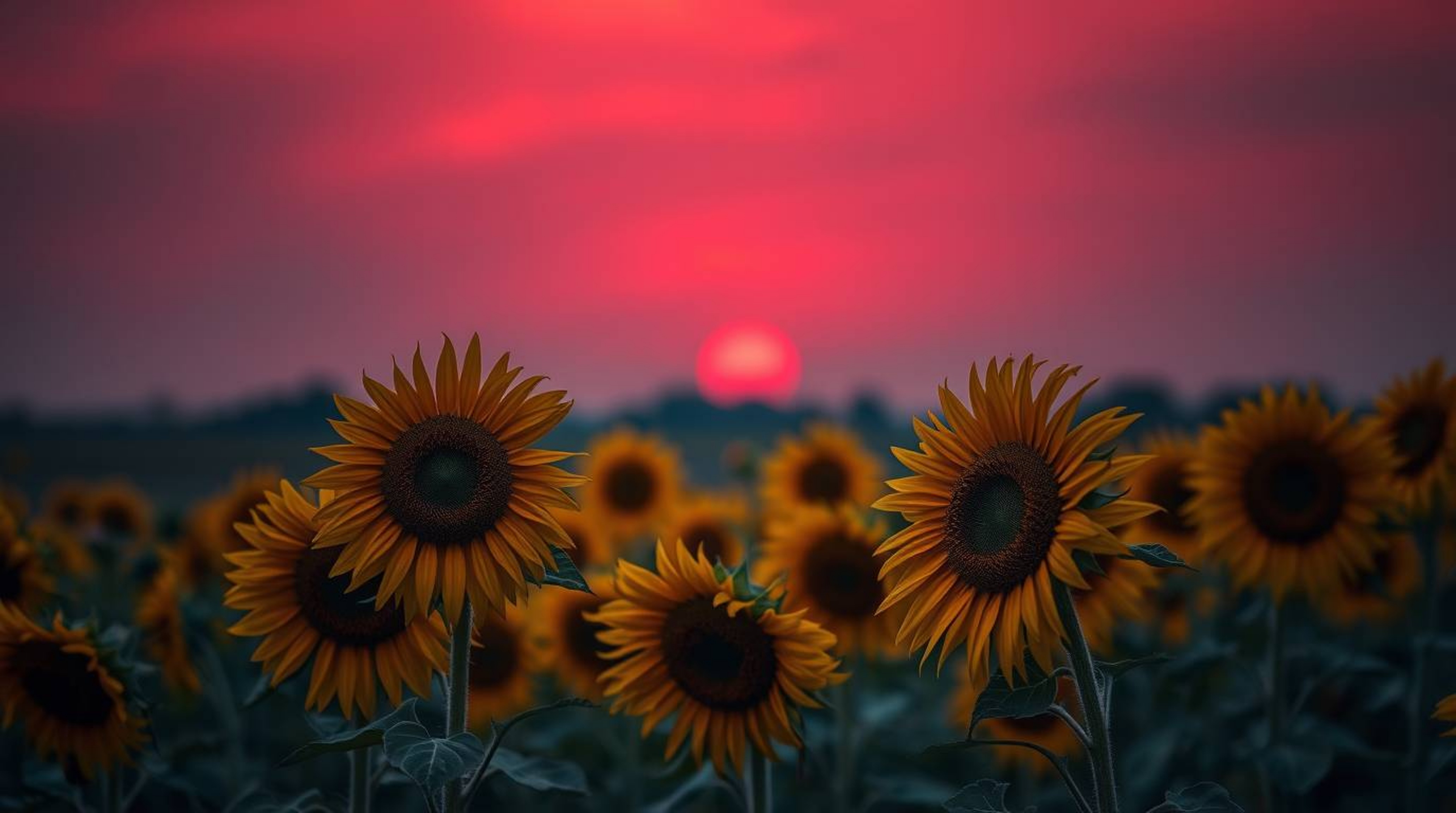 A captivating professional photograph captures a sunflower field bathed in the warm tones of a deep red and purple sky. The i