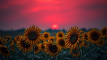 A captivating professional photograph captures a sunflower field bathed in the warm tones of a deep red and purple sky. The i