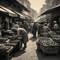 This is a detailed pencil sketch depicting a lively street market. The artwork features meticulous shading on the crowds of p
