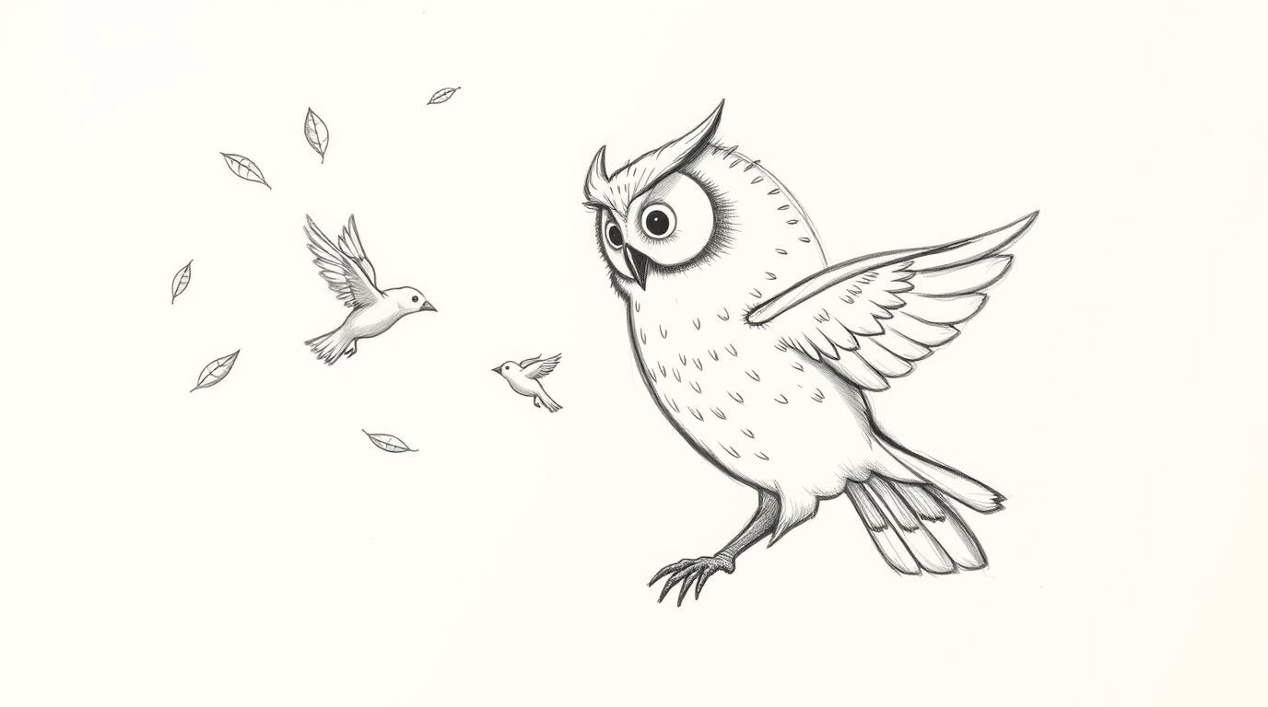 A hand-drawn sketch in the style of Pixar depicts a wise, blind owl with soft, detailed feathers guiding several small birds 