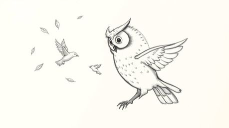 A hand-drawn sketch in the style of Pixar depicts a wise, blind owl with soft, detailed feathers guiding several small birds 