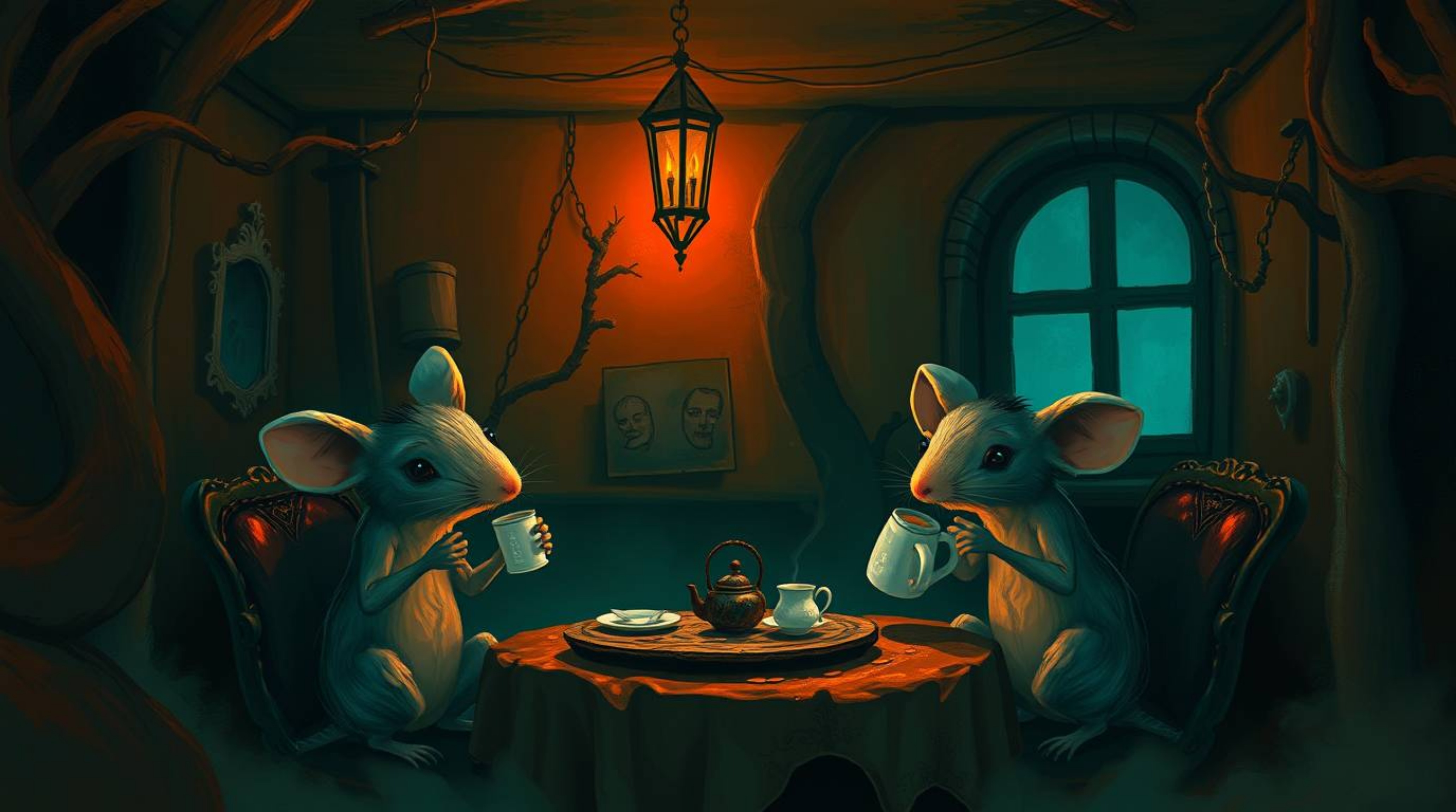 A digital painting depicting anthropomorphic mice enjoying a tea party in a cozy cottage. The artwork features an eerie, cree