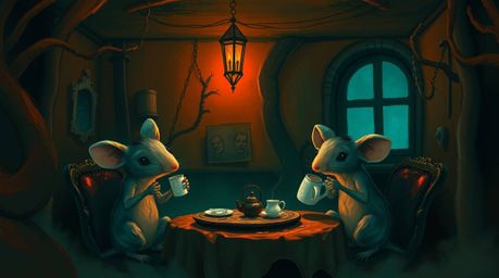 A digital painting depicting anthropomorphic mice enjoying a tea party in a cozy cottage. The artwork features an eerie, cree