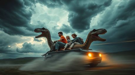 Experience a thrilling ride with a prehistoric family in their dinosaur car as they navigate through intense, dramatic weathe