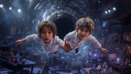 In a mesmerizing, cinematic photograph reminiscent of Pixar's whimsical style, two science fair students are suspended in mid
