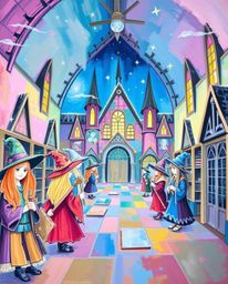 Explore a vibrant and magical school filled with young wizards, brought to life with bold acrylic painting techniques and sof