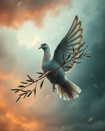 A captivating surreal artwork depicts a dove carrying an olive branch amidst a stormy sky.  Rendered in warm terracotta and c