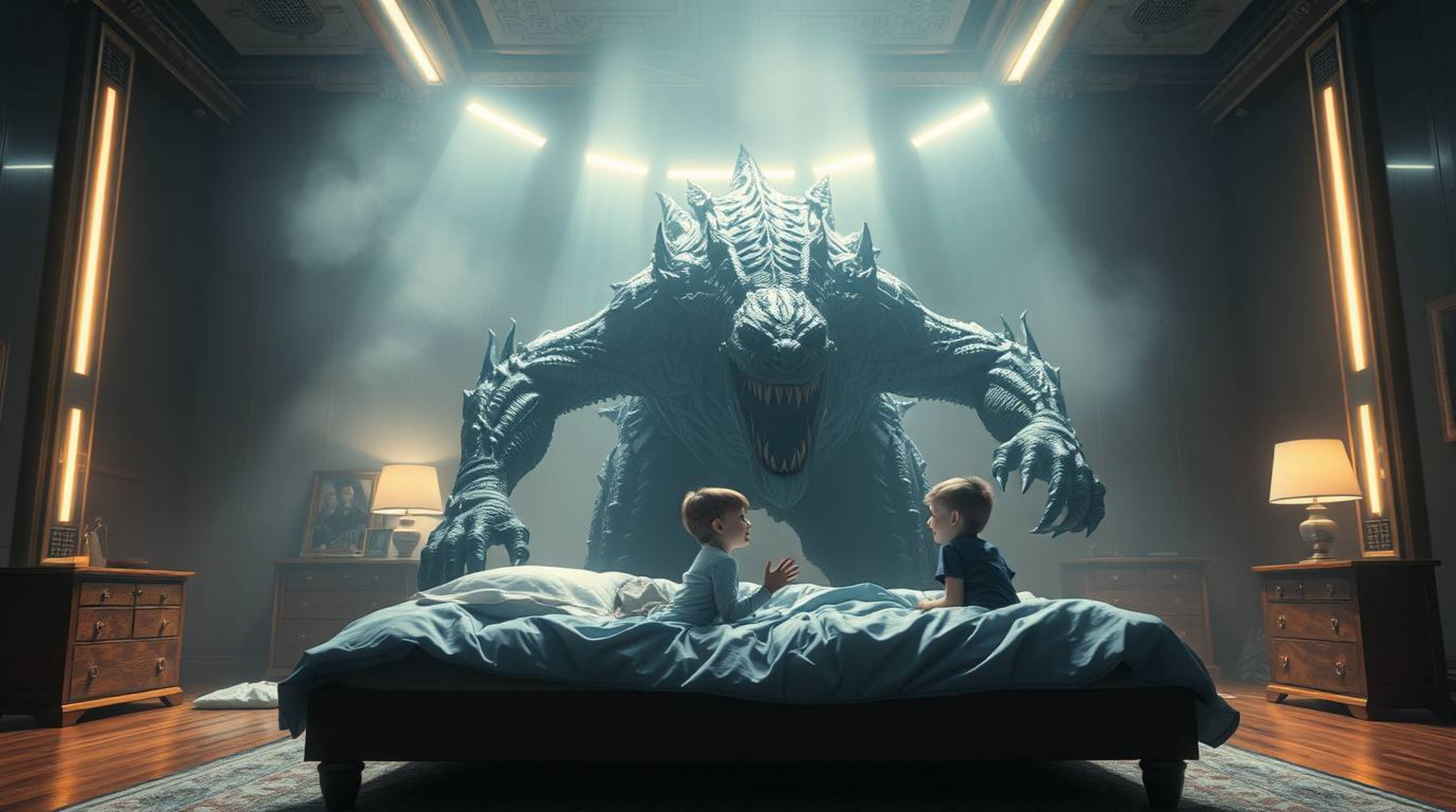 A heartwarming and epic scene depicts a fantastical friendship between a child and a monster hiding under the bed.  Featuring