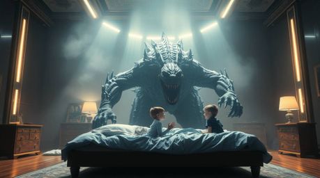 A heartwarming and epic scene depicts a fantastical friendship between a child and a monster hiding under the bed.  Featuring