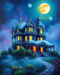 A bold and vibrant acrylic painting depicting a fog-covered Victorian mansion bathed in moonlight. The artwork features elect