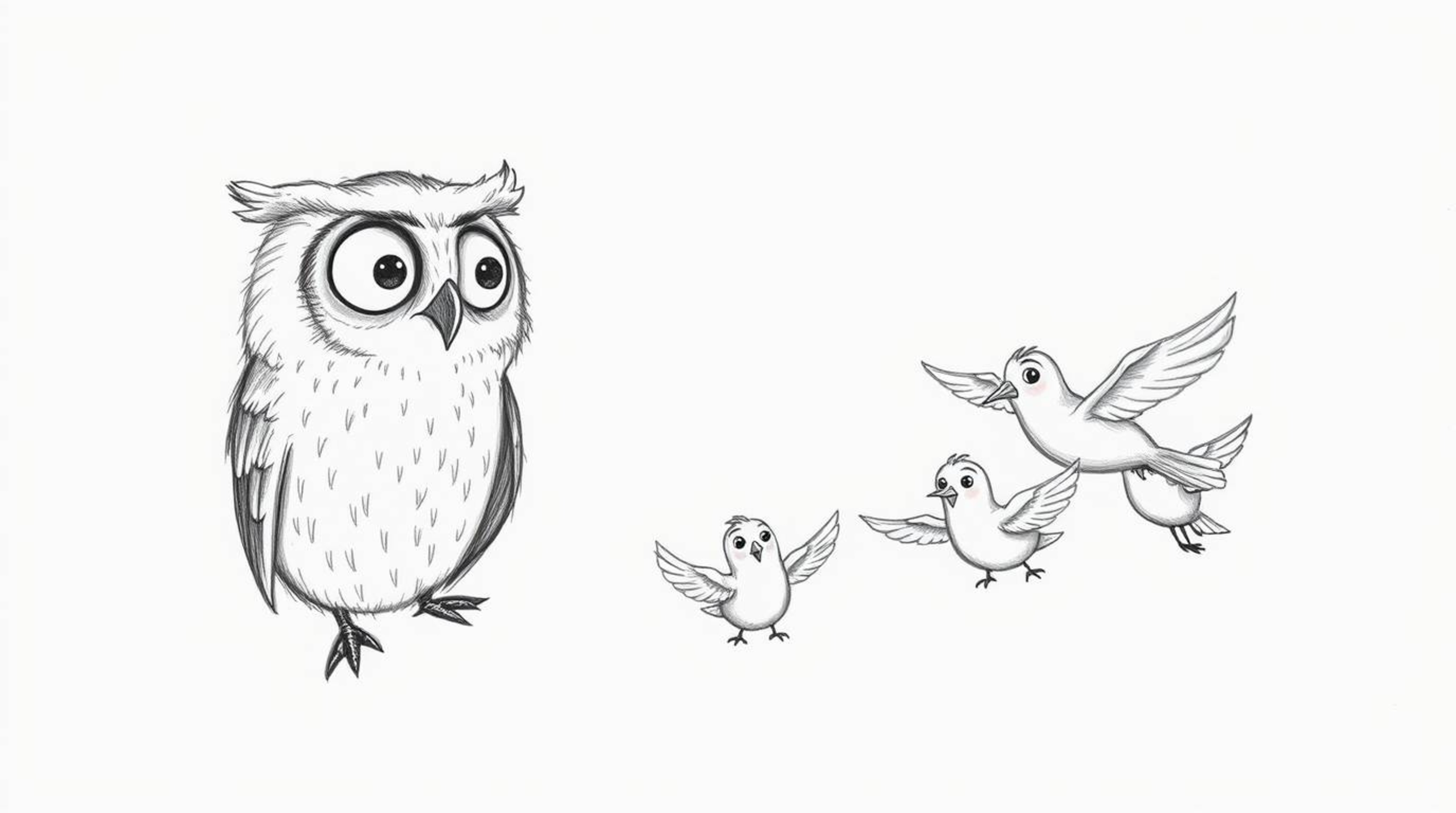 A heartwarming hand-drawn sketch in the style of Pixar showcases a blind owl with gentle features and expressive eyes, guidin