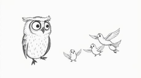A heartwarming hand-drawn sketch in the style of Pixar showcases a blind owl with gentle features and expressive eyes, guidin