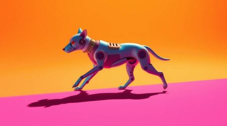 Imagine a scene of pure joy: a futuristic dog, brimming with energy, confidently walking itself through the vast expanse of s