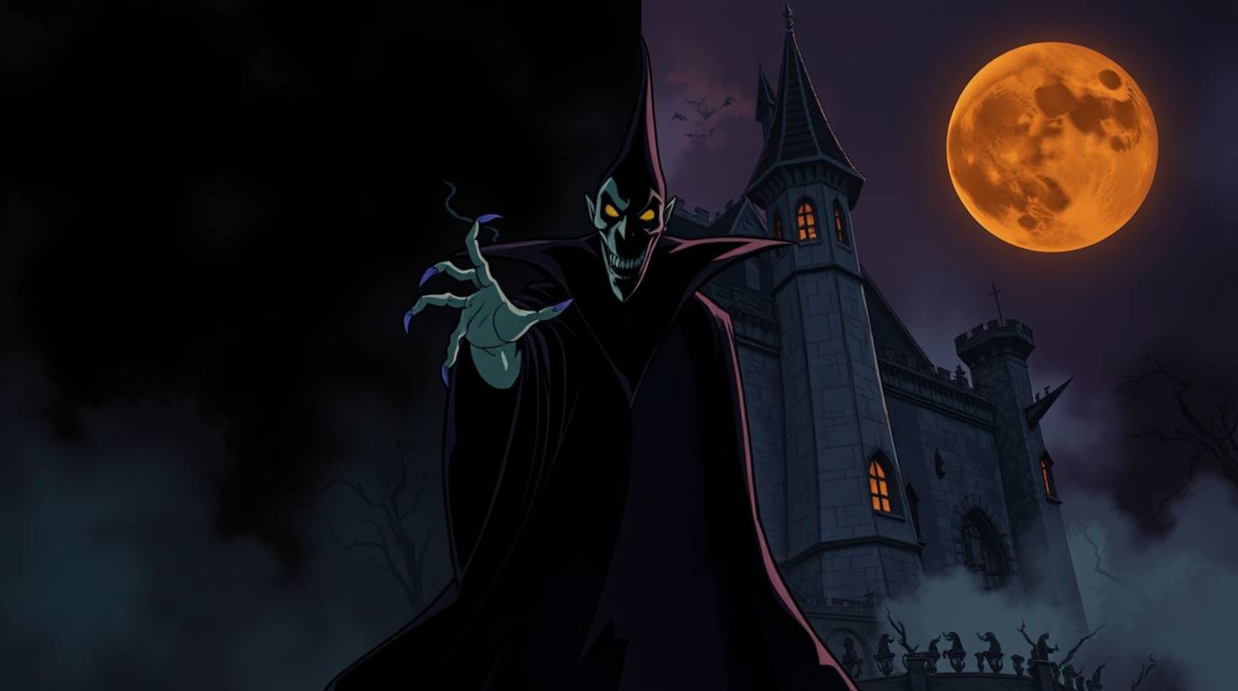 This image depicts a distinctly split composition, creating an eerie and creepy atmosphere. A classic Disney villain is casti