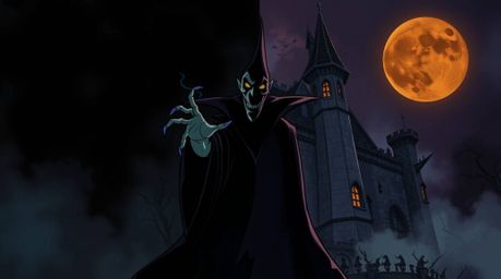 This image depicts a distinctly split composition, creating an eerie and creepy atmosphere. A classic Disney villain is casti