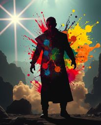 This image presents an epic and grand scene, depicting a human silhouette masterfully formed by vibrant and dynamic colorful 